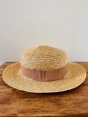Zara Kids Tan Straw Boaters Hat With Caramel Ribbon
